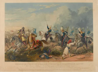 Poplatek 3. králových světelných dragounů v bitvě u Chillianwala 13. ledna 1849, ryl J. Harris, 1849 (barevná akvatinta)